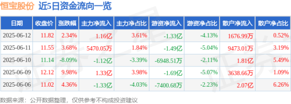 全国配资网 股票行情快报：恒宝股份（002104）6月12日主力资金净买入1.16亿元